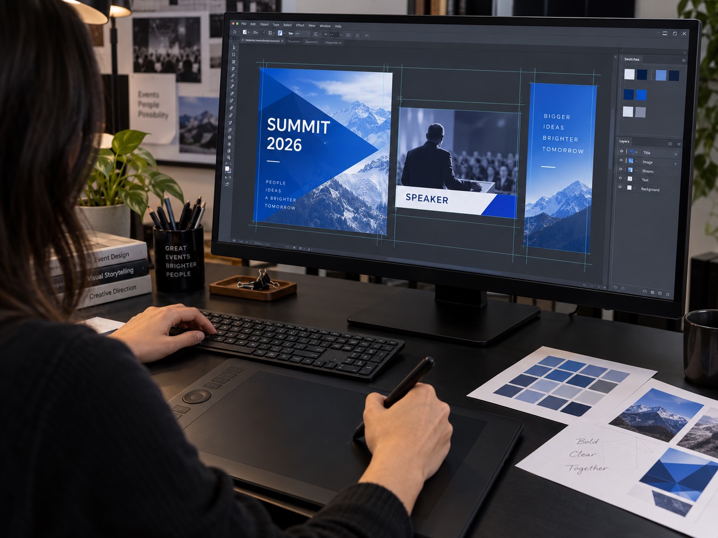 AI-generated role illustration of a graphics designer creating event graphics