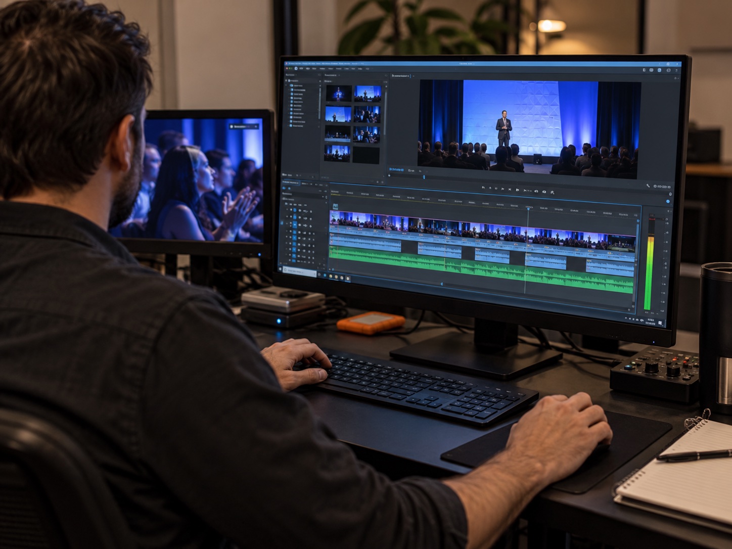 AI-generated role illustration of a video editor working on an event film
